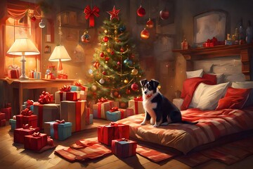 Create an image of a receiving a special Christmas gift, like a chew toy or a new bed