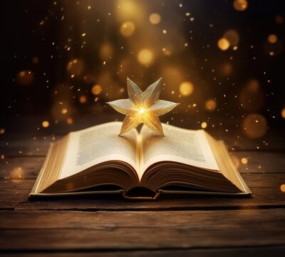The open book is decorated with shining stars on it and a glitter light splash effect. generative AI