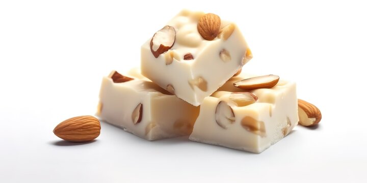 a few pieces of white pistachio chocolate with almonds, a few pieces of almond fudge on a white background. Generative AI