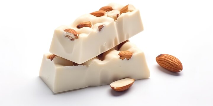 a few pieces of white pistachio chocolate with almonds, a few pieces of almond fudge on a white background. Generative AI