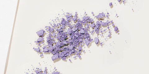 Lavender colored broken swatch of eye shadow powder, trend color banner, crumbling face makeup powder sample, woman cosmetics and beauty product, violet eyeshadows powder texture