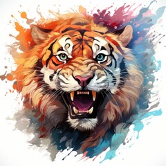 Naklejka premium A close up of a tiger's face on a white background.