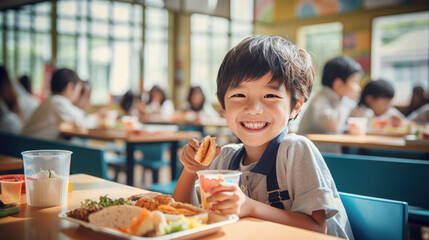 Young boy preschooler sitting in the school cafeteria eating lunch. - obrazy, fototapety, plakaty