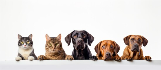 A group of dogs and cats on a white background. A banner with space to copy.
