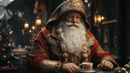 Santa Claus in a cafe with embroidery and with ethnic elements on clothes. 