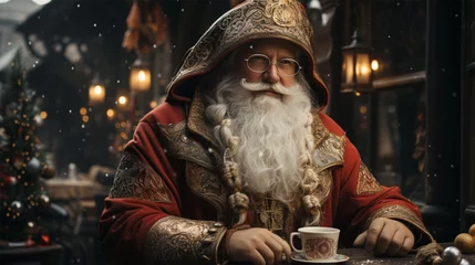 Poster Santa Claus in a cafe with embroidery and with ethnic elements on clothes.  © Margo_Alexa