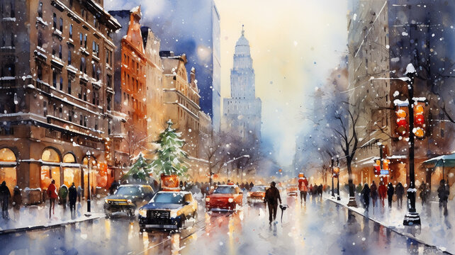 watercolour paint of Christmas city