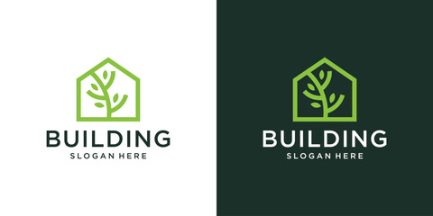 Green house logo design template. Leaf with house building graphic design vector illustration. Symbol, icon, creative.