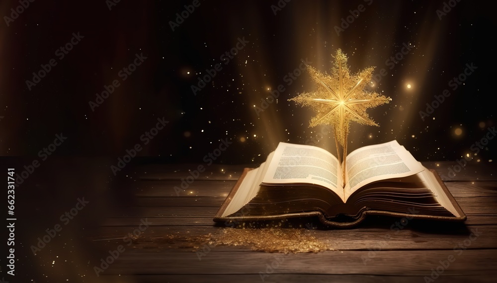 Poster an open book with a shining star decorated on top. generative ai