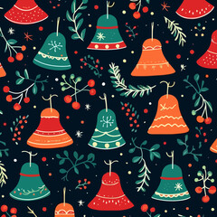 Christmas bells quirky doodle pattern, background, cartoon, vector, whimsical Illustration
