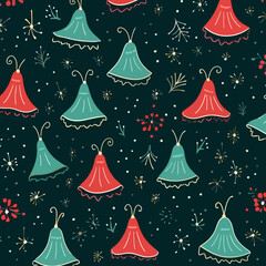 Christmas bells quirky doodle pattern, background, cartoon, vector, whimsical Illustration