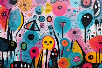 Mixed media artwork quirky doodle pattern, wallpaper, background, cartoon, vector, whimsical Illustration