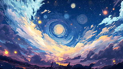 Hand drawn cartoon anime beautiful night starry sky illustration
 - obrazy, fototapety, plakaty