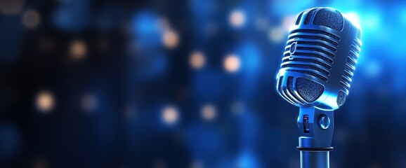 Fototapeta na wymiar microphone with blurred background on blue wall, vintage microphone on stage with lamp lighting, in uhd image style, bokeh panorama. Generative AI
