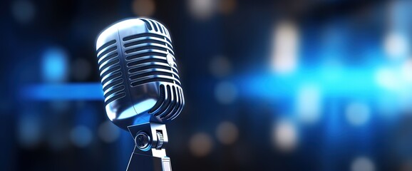 microphone with blurred background on blue wall, vintage microphone on stage with lamp lighting, in uhd image style, bokeh panorama. Generative AI - obrazy, fototapety, plakaty