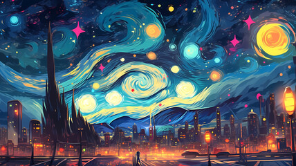 Hand drawn cartoon anime beautiful night starry sky illustration 