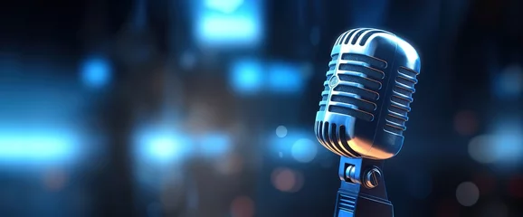 Fotobehang microphone with blurred background on blue wall, vintage microphone on stage with lamp lighting, in uhd image style, bokeh panorama. Generative AI © Nanda