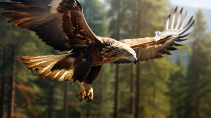 Golden eagle looking around. A majestic golden eagle takes in its surroundings from its spot amongst moorland vegetation. - obrazy, fototapety, plakaty