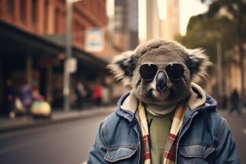 Hipster koala walking around the city on the street.