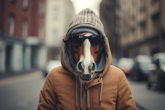 Hipster horse walking around the city on the street.