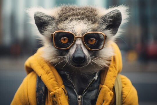 Hipster lemur walking around the city on the street.