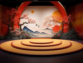 an empty stage in a Japanese-style studio, which can be used for product presentations, advertisements, etc. generative AI