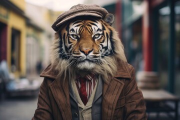 Hipster tiger walking around the city on the street. - obrazy, fototapety, plakaty