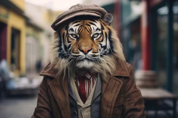 Fotobehang Hipster tiger walking around the city on the street. © vlntn