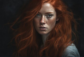 portrait of a beautiful red - haired young woman with a dark background portrait of a beautiful red - haired young woman with a dark background portrait of a beautiful red - haired woman with a freckl