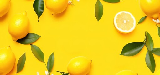 collection of fresh lemons on a yellow background with empty space for your text. Generative AI