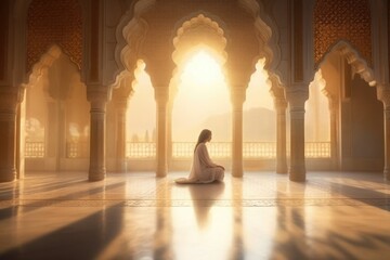 Prayer, islam and worship with woman in mosque, holy quran and spirituality. Praying, woman in Muslim traditions praying for faith, care and Ramadan kareem. - obrazy, fototapety, plakaty