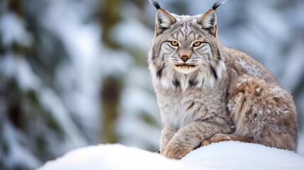 Lynx in winter. Young Eurasian lynx, Lynx lynx, walks in snowy beech forest. Beautiful wild cat in nature. Cute animal with spotted orange fur. Beast of prey in frosty day. Predator in habitat. - obrazy, fototapety, plakaty