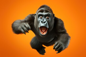 Happy gorilla jumping and having fun. - obrazy, fototapety, plakaty