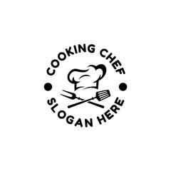 Food logo. Logo for Cooking with icon bbq tools, grill fork, spatula, text typography Cooking Chef. Graphic logo template. Vector Illustration