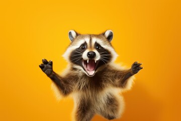 Happy raccoon jumping and having fun. - obrazy, fototapety, plakaty