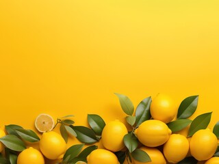 collection of fresh lemons on a yellow background with empty space for your text. Generative AI