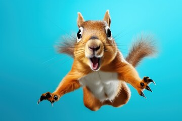 Happy squirrel jumping and having fun. - obrazy, fototapety, plakaty