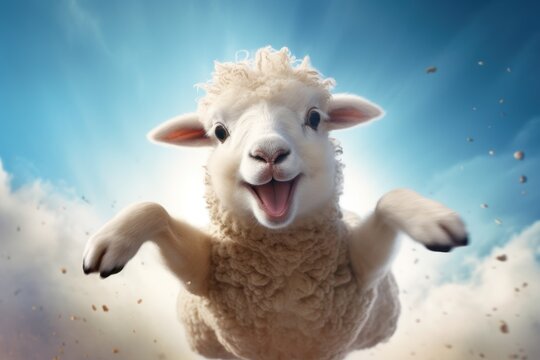 Happy sheep jumping and having fun.