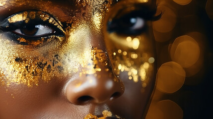 Beautiful girl with gold glitter on her face, disco party Christmas Xmas celebration concept