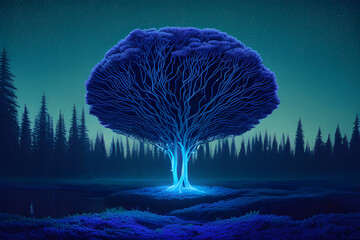 An ethereal and dreamlike landscape where bioluminescent flora, sentient trees, and a surreal, starlit sky merge in an enchanting, mystical realm. Generative AI