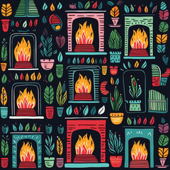 Fireplace quirky doodle pattern, background, cartoon, vector, whimsical Illustration