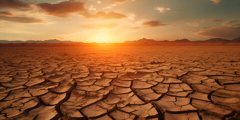 cracked earth in the desert, Orange sunset in cloudy sky over desert stock,  Broken land drought, GENERATIVE AI
