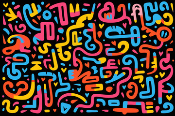 Neon Calligraphy quirky doodle pattern, wallpaper, background, cartoon, vector, whimsical Illustration