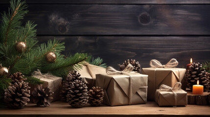 Wrapped Christmas gifts on dark rustic wooden table with pine cones and fir branches