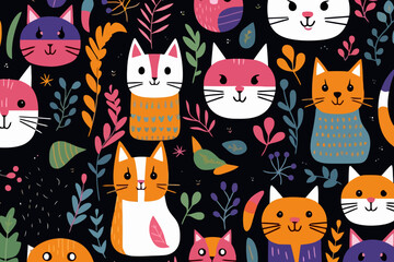 Fostering pets quirky doodle pattern, wallpaper, background, cartoon, vector, whimsical Illustration