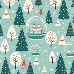 Christmas snow globe quirky doodle pattern, background, cartoon, vector, whimsical Illustration