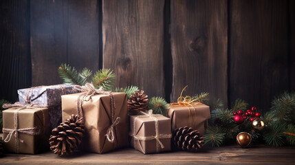 Wrapped Christmas gifts on dark rustic wooden table with pine cones and fir branches