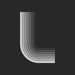 Bold letter L monogram 3d logo, gray gradient parallel ribbons, creative layers pattern, smooth stripes curves shapes, striped paper cut style logotype.