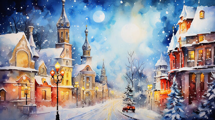 watercolour paint of Christmas night - obrazy, fototapety, plakaty