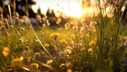 An abstract soft focus sunset field landscape of yellow flowers and grass meadow warm during golden hour 